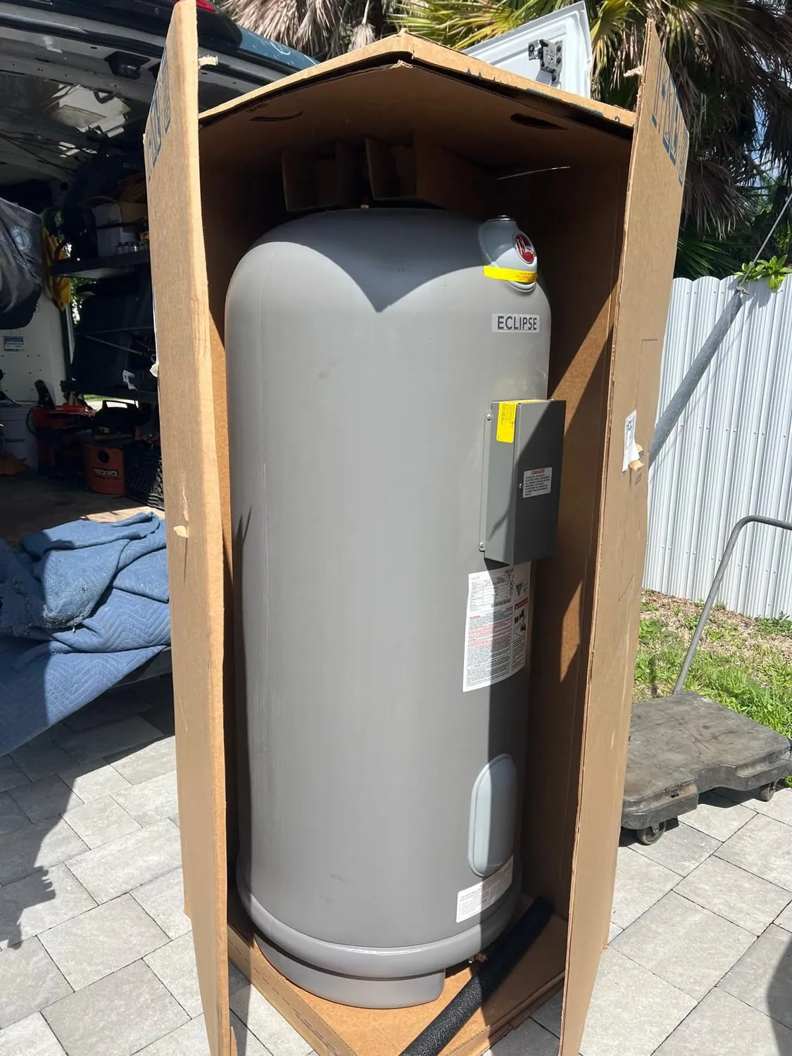 New electric water heater still in its shipping box