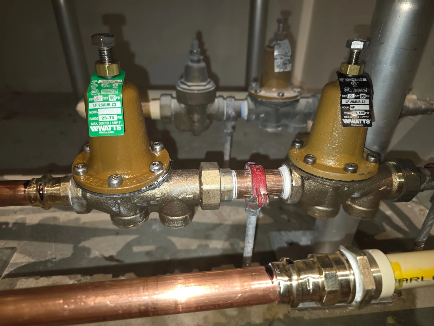 Close-up of two new brass pressure-reducing valves