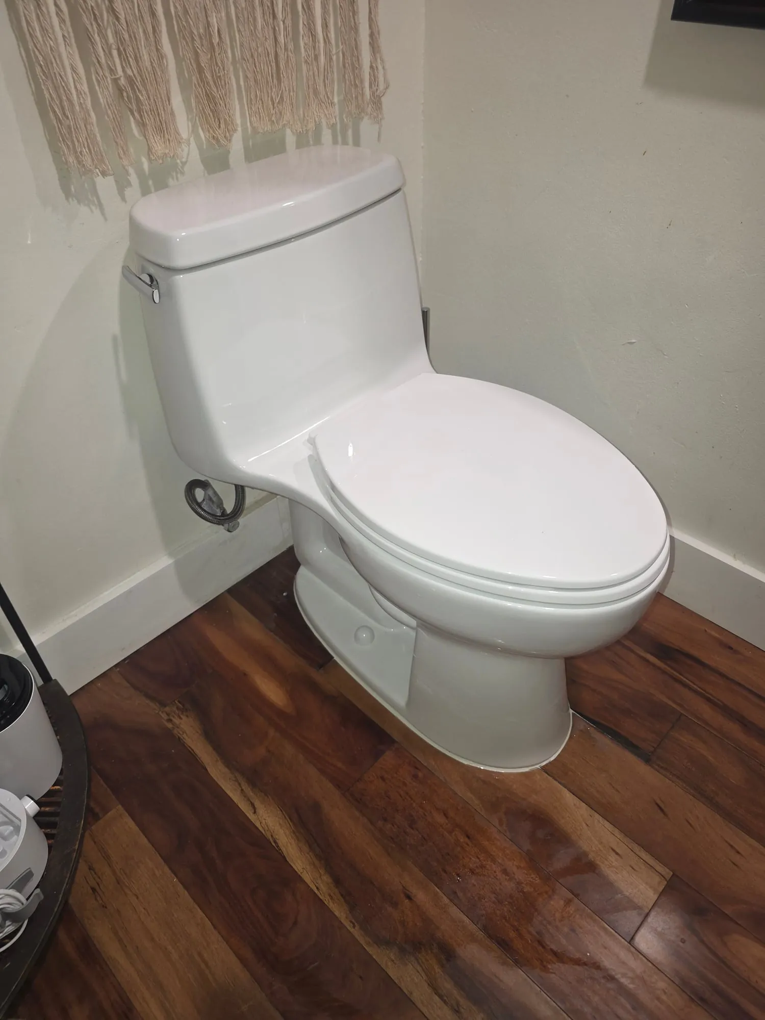 New one-piece toilet installed on a wood floor